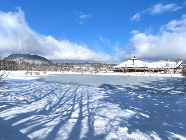 凍った矢ヶ崎池と大賀ホール